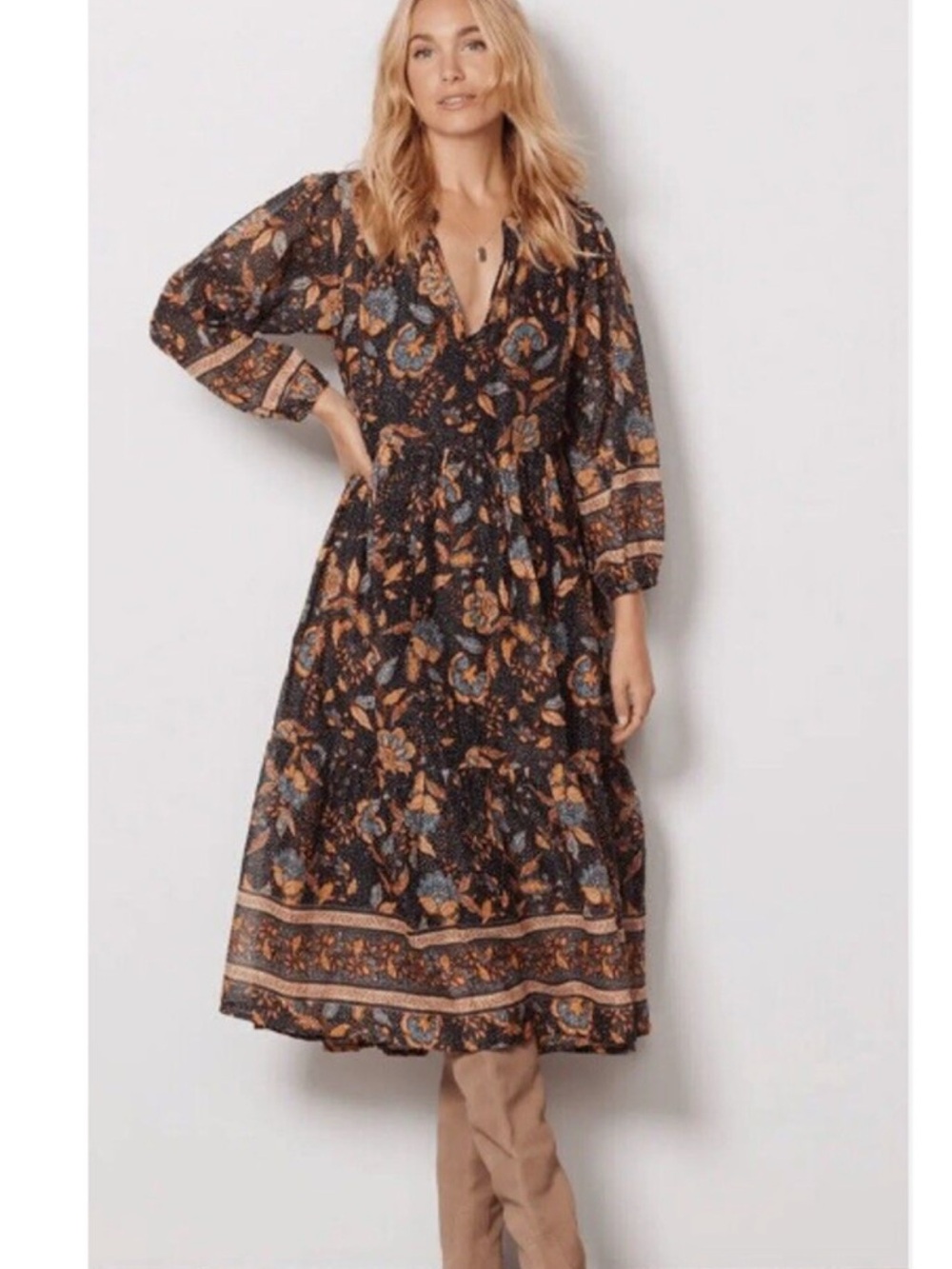Sundry Black Floral Tiered Midi Dress with Tan & Blue Accents